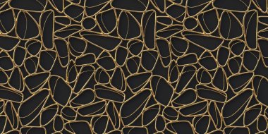 3 boyutlu illüstrasyon. Soyut arkaplan. Siyah arka planda izole edilmiş altın çokgenlerin şebekesi. Altın renginin ızgara şeklindeki ses metrik görüntüsü. Zarif bir geçmişi var. Hazırla