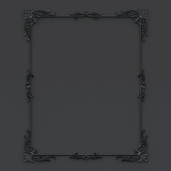 3D illüstrasyon klasik barok dekoratif elementler dikdörtgen çerçeve şeklinde. Şölen dekorasyonu, gri arka planda izole edilmiş gri dekoratif unsurlar. Render .Area metin için çerçevede.