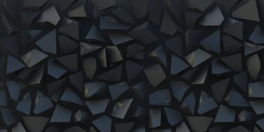 3 boyutlu illüstrasyon. Siyah arka planda siyah üçgenler. Siyah üçgenlerden soyut düşük polimerli arkaplan. Çokgen şekiller arkaplan, düşük poli üçgenler mozaik, siyah kristaller arkaplan, render