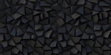3 boyutlu illüstrasyon. Siyah arka planda siyah üçgenler. Siyah üçgenlerden soyut düşük polimerli arkaplan. Çokgen şekiller arkaplan, düşük poli üçgenler mozaik, siyah kristaller arkaplan, render