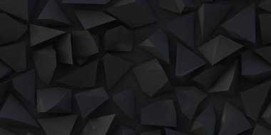 3 boyutlu illüstrasyon. Siyah arka planda siyah üçgenler. Siyah üçgenlerden soyut düşük polimerli arkaplan. Çokgen şekiller arkaplan, düşük poli üçgenler mozaik, siyah kristaller arkaplan, render