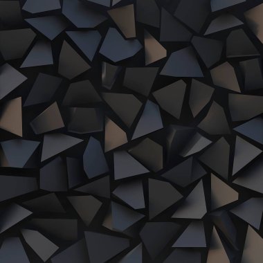 3 boyutlu illüstrasyon. Siyah arka planda siyah üçgenler. Siyah üçgenlerden soyut düşük polimerli arkaplan. Çokgen şekiller arkaplan, düşük poli üçgenler mozaik, siyah kristaller arkaplan, render