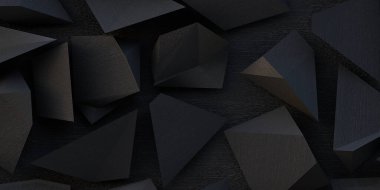 3 boyutlu illüstrasyon. Siyah arka planda siyah üçgenler. Siyah üçgenlerden soyut düşük polimerli arkaplan. Çokgen şekiller arkaplan, düşük poli üçgenler mozaik, siyah kristaller arkaplan, render