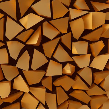 3 boyutlu illüstrasyon. Siyah arka planda altın üçgenler. Siyah arka plandaki altın üçgenlerden soyut düşük polimer arkaplan. Arka planda çokgen şekiller, mozaik üçgenler, altın kristaller. Hazırla