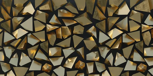 3D例证 黑色背景上的金三角黑色背景上金色三角形的低聚合体背景 多边形背景 马赛克三角形 金色晶体 — 图库照片