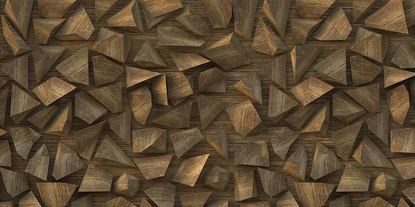 3d illustration. Wooden triangles on a background of wood. Abstract low poly background. Polygonal shapes background, low poly triangles mosaic, geometric shape with wood texture. render