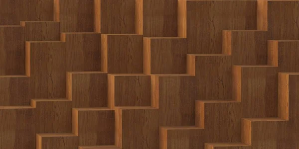 3Dイラスト テクスチャ 3次元 スラットと異なるレベルでの現実的な木製のキューブ 自然のテクスチャを使用して 木パネル 木の質感の背景 レンダリング — ストック写真