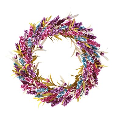 3 boyutlu illüstrasyon. Yuvarlak çerçeve üç boyutlu renklerden oluşan bir çelenk şeklinde. Renkli, beyaz arka planda izole edilmiş çiçek ve yapraklardan oluşan bir çelenk. Davetiye tasarımı. Hazırla