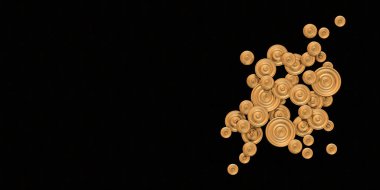 İllüstrasyon 3D, soyut kompozisyon. Kabartmalı parlak, farklı boyutlarda altın halkalar. Kabartmalı siyah bir arka planda yaldızlı. Doğulu stil. Hazırla. Neşeli arkaplan