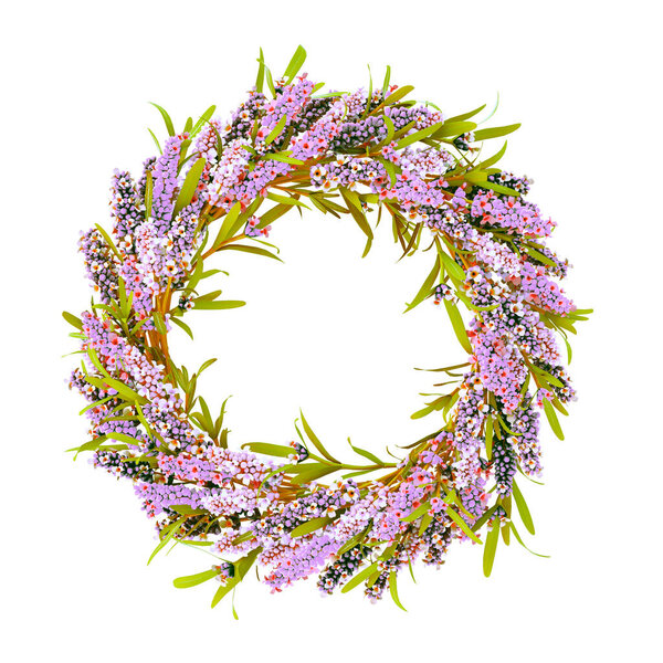 3d illustration. Round frame in the form of a wreath from three-dimensional colors. Colorful, a wreath of flowers and leaves isolated on white background.Design of invitations. Render