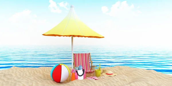 イラスト3 夏のビーチ 海岸の海 チェイス長い 膨脹可能なボール 物事や砂の上に残りのための他の項目を持つバッグ ビーチの休日のための夏の背景イラスト — ストック写真