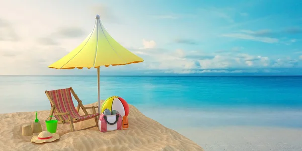 Illustrazione Spiaggia Estiva Costa Del Mare Ombrellone Chaise Longue Palla — Foto Stock