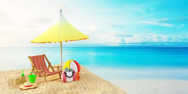 Llüstrasyon Yaz Plajı Deniz Kıyısı Şemsiye Şezlong Şişme Top Şapka — Stok fotoğraf
