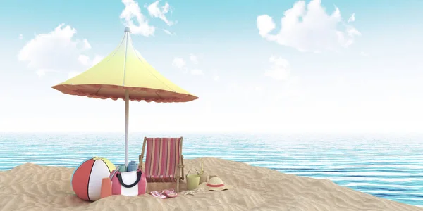Ilustracja Letnia Plaża Wybrzeże Morza Parasol Szezlongu Dmuchana Piłka Kapelusz — Zdjęcie stockowe