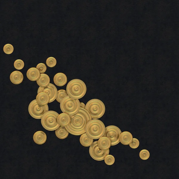 说明3D 摘要构图 体积测量浮雕光泽 不同大小的金圆孤立在一个黑色浮雕背景与镀金 东方的静音伦德节日背景 — 图库照片