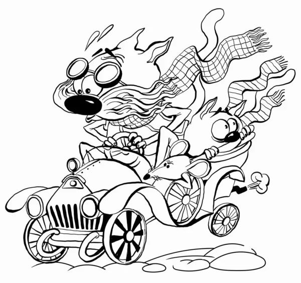 矢量黑白插图 为着色 猫的滑稽角色在一辆旧车里赛跑 — 图库矢量图片