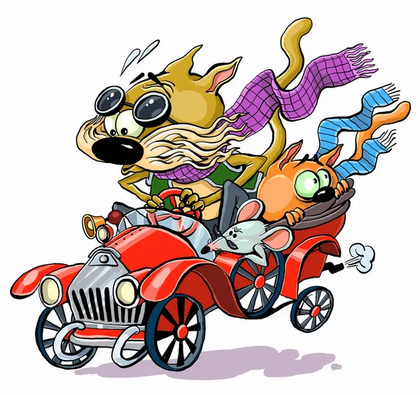 Ilustração Cores Vetoriais Personagens Engraçados Gatos Correndo Carro Retro Velho —  Vetores de Stock