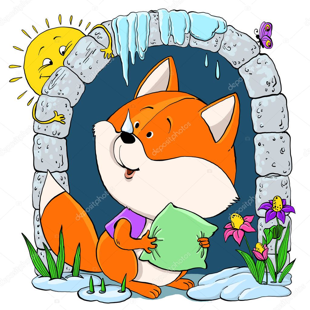 Vector cartoon. A cute red-headed sleepy fox with a pillow looks out of his house. Welcomes spring.