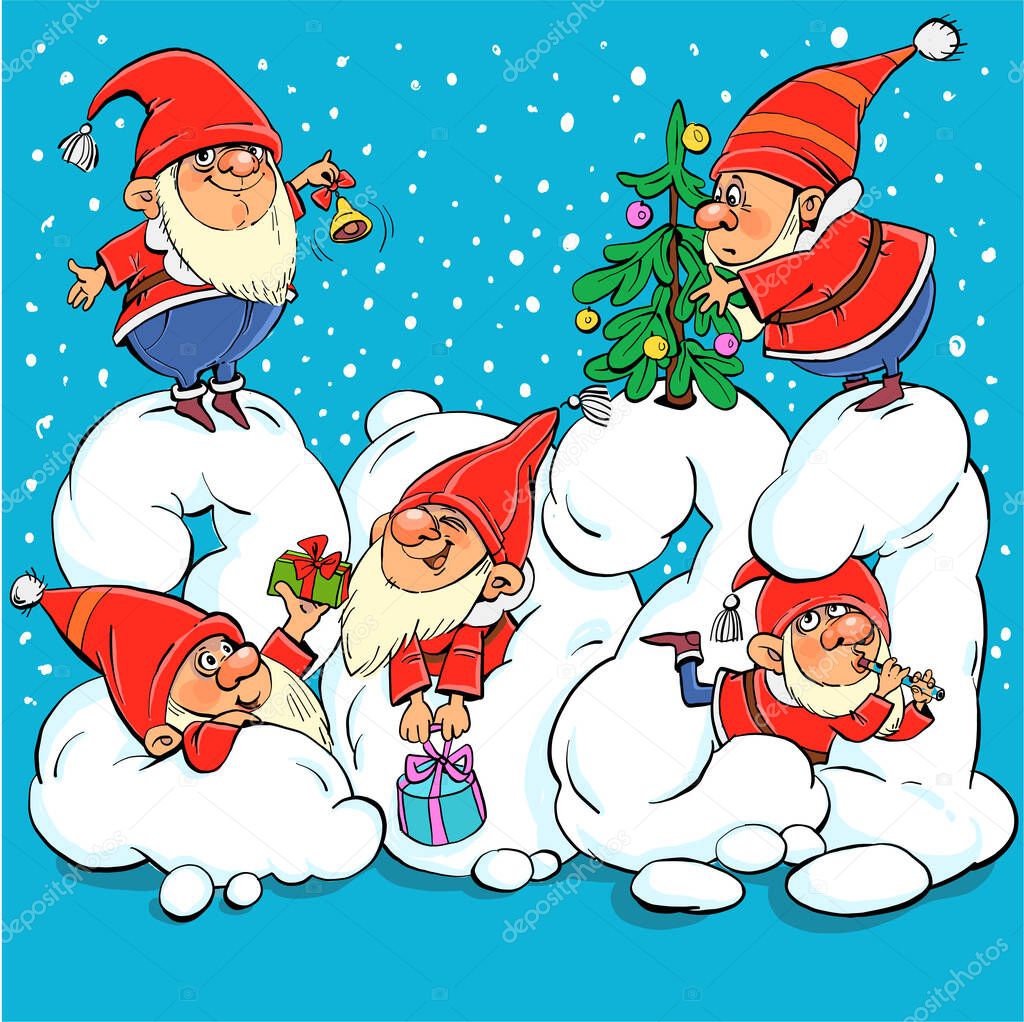 Vector illustration. Funny cartoon. Funny Santa Clauses Have Fun on Snow Numbers 2021