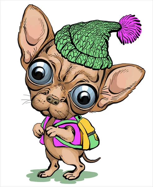 Ilustracja Wektora Karykatura Kreskówek Śmieszny Szczeniak Chihuahua Plecakiem Plecach Kapeluszem — Wektor stockowy