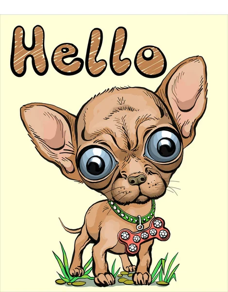 Vector Illustration Cartoon Caricature Funny Puppy Chihuahua Dog Inscription Hello — Stock Vector