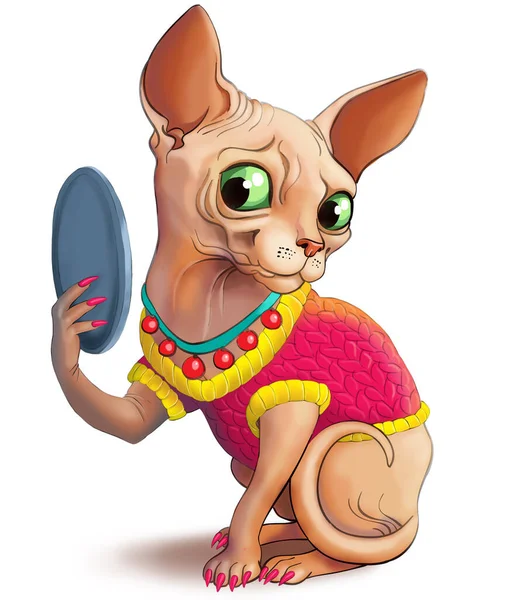 Illustration Eine Lustige Sphinx Katze Rosa Pullover Und Maniküre Blickt — Stockfoto