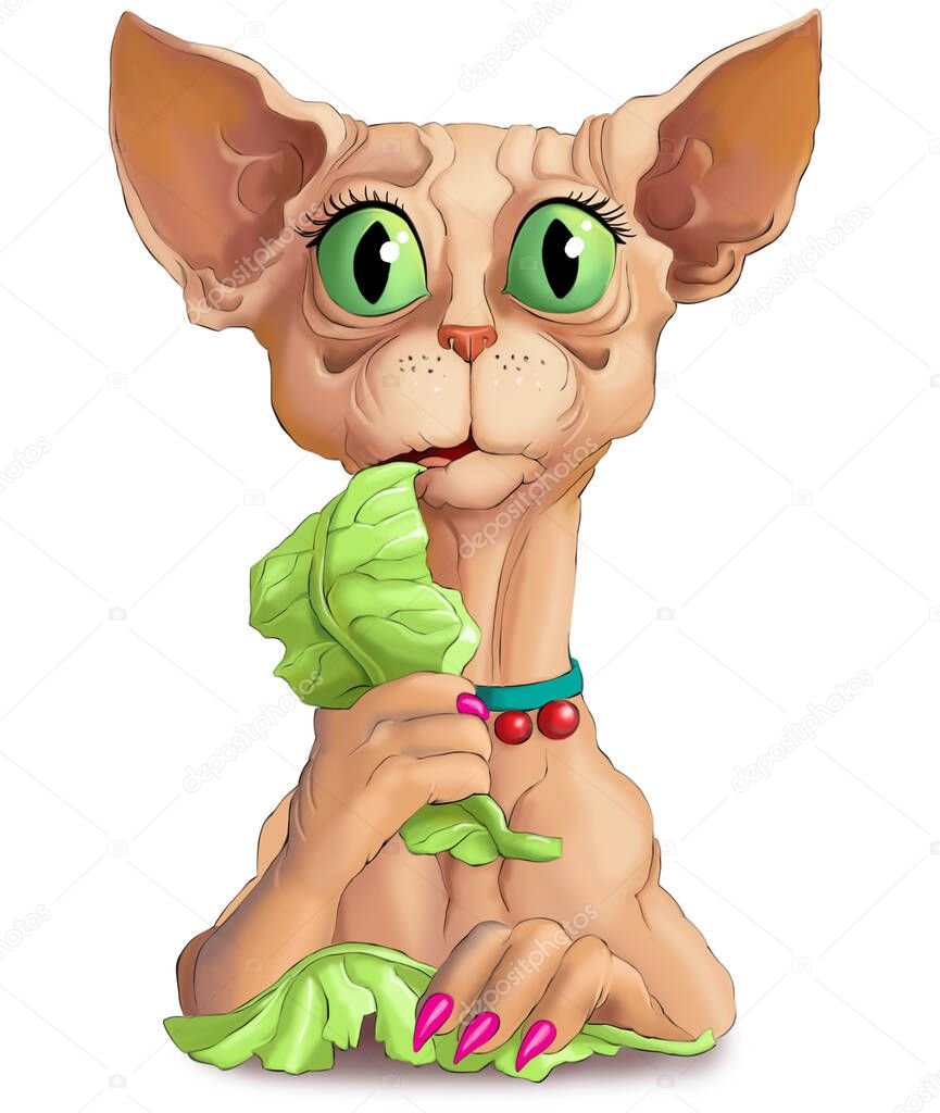 Illustration. Funny vegetarian Sphinx cat chews green lettuce leaves. Concept of a woman on a strict diet who wishes to lose weight.