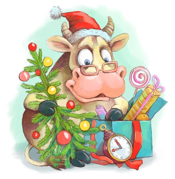 Legrační Ilustrace Symbol Býka Roku 2021 Sedí Vánočním Stromečkem Dívá — Stock fotografie