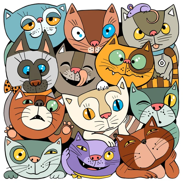 Ilustração Vetorial Desenhos Animados Engraçados Multidão Alegre Gatos Multicoloridos Impressão — Vetor de Stock