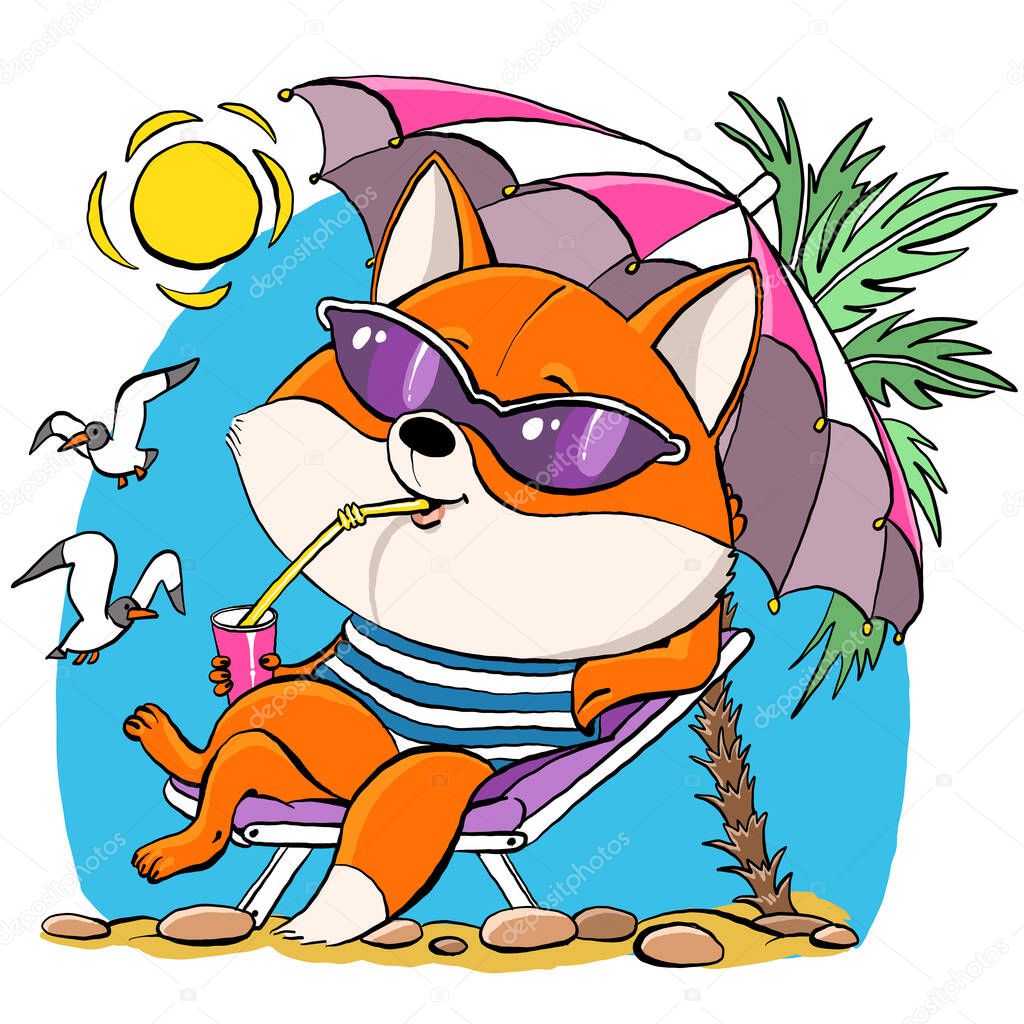 Vector cartoon. Cute red fox sits under an umbrella on the beach in summer. Against the background of the blue sea in glasses and a drink in hand.