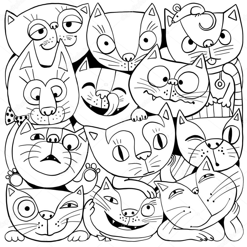 Vector illustration for coloring. Funny cartoon. Cheerful crowd of cats. Square print. Black outline on a white background.