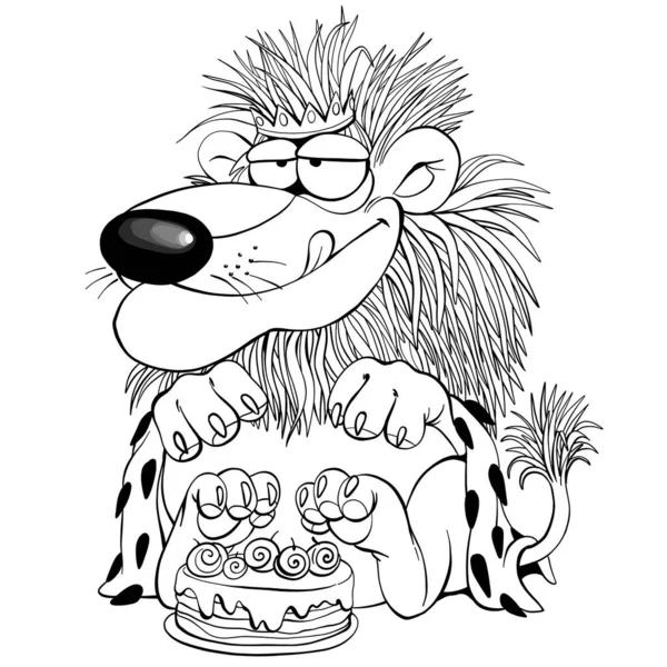 Caricature Vectorielle Schéma Roi Lion Joyeux Robe Couronne Réjouit Gâteau — Image vectorielle