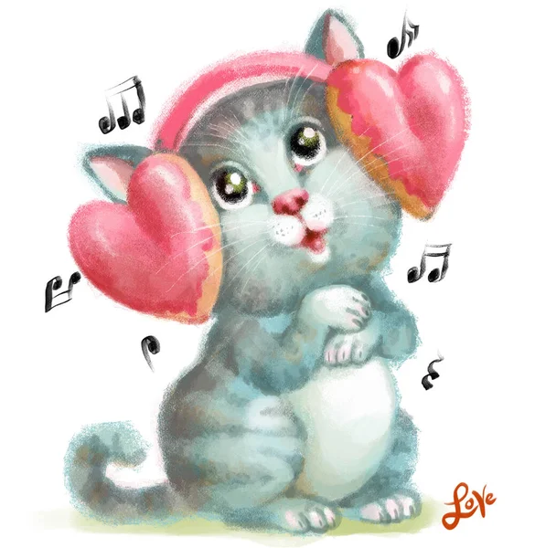 Ilustración Color Brillante Lindo Gatito Gris Esponjoso Con Auriculares Forma — Foto de Stock