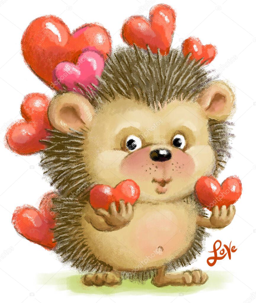 Bright color illustration. Cute smiling hedgehog with hearts on needles. With the inscription 