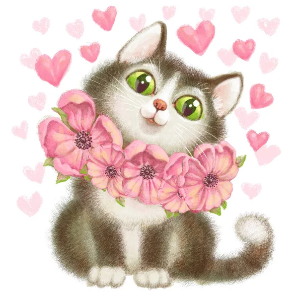 Cute Colorful Illustration Retro Style Beautiful Fluffy Kitty Pink Flowers — Stock Photo, Image