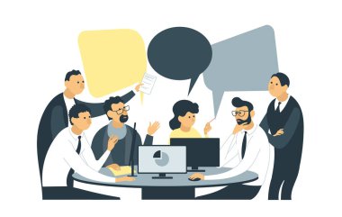 Vector flat illustration. Employees are sitting at the negotiating table. Joint discussion of new projects, collective thinking, information analytics of the company. clipart