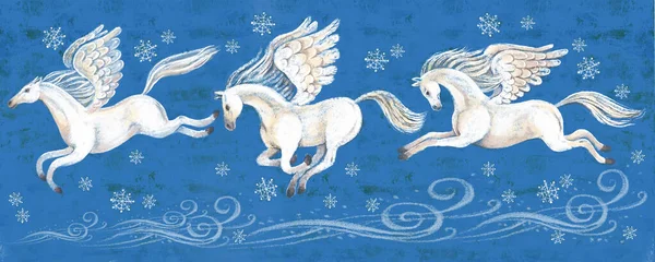 Vivid Illustration Beautiful White Horses Flying Wings Night Winter Sky — Stock Photo, Image