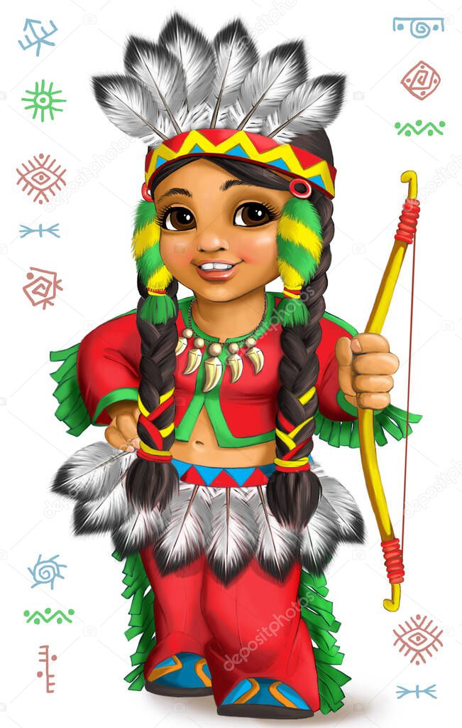 Illustration. Bright cartoon of a cute Native American girl in the national costume of the culture of North America