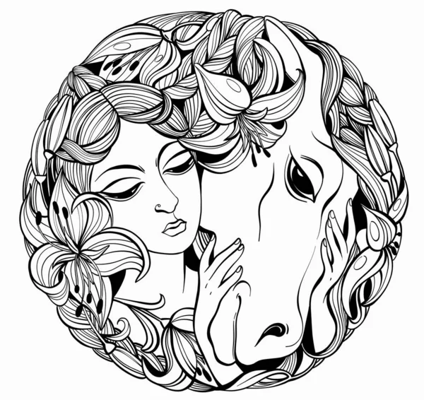 Vector Romantic Black White Illustration Shape Circle Beautiful Face Girl — Stock Vector
