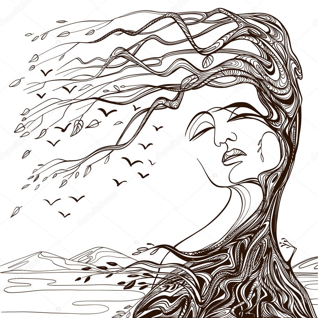 Vector illustration of philosophy, symbol of life, female psychology. Woman in the form of an autumn tree. The concept of mental health, psychoanalysis and psychotherapy.