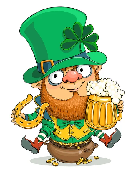 Caricature Vectorielle Carte Saint Patrick Mignon Lutin Avec Une Tasse — Image vectorielle