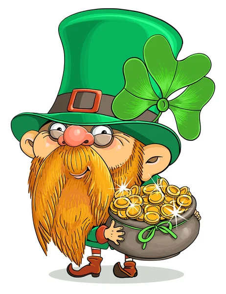 Vector Cartoon Postcard Patrick Day Cute Irish Leprechaun Pot Gold — Stock Vector