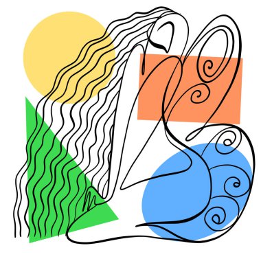 Vektör çizimi. Kelebek kanatları olan bir kadının çizimsel soyut portresi. Kaligrafik çizgi tarafından çizilmiş.