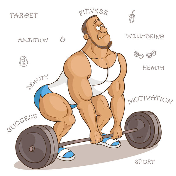 Векторная карикатура. Мультфильм смешной человек в фитнес-классе пытается поднять очень тяжелую штангу. Концепция грамотного и правильного подхода к спорту.