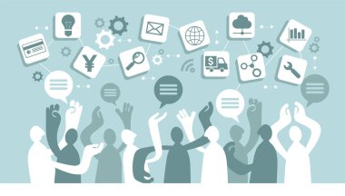 Vektör çizimi. Mavi Arkaplanda İş Sembolleriyle Takım Zihni Haritası