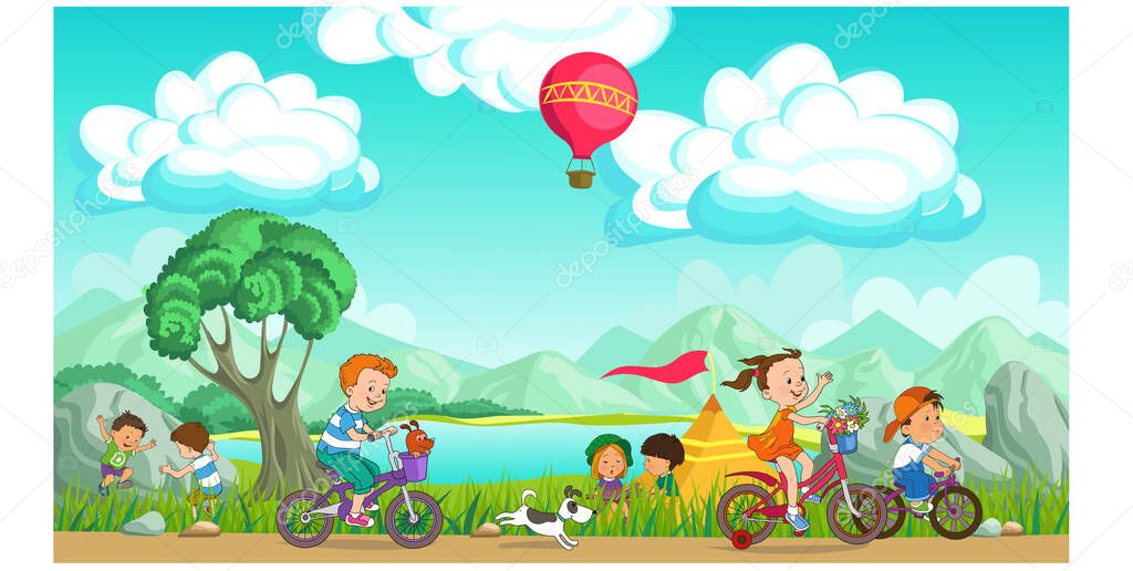 Colorful vector illustration. Summer children's rest. Happy children are resting on a picturesque meadow. They ride bicycles, play against the backdrop of mountains and blue skies.