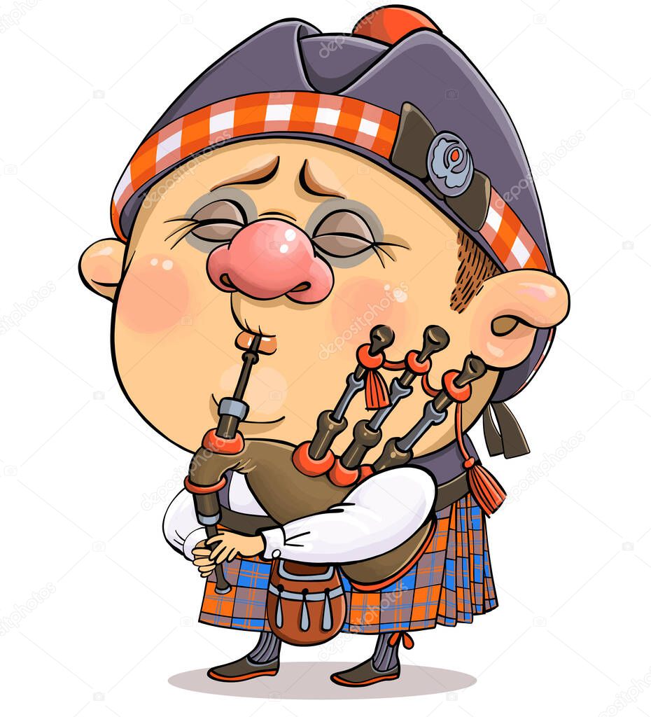 Vector cartoon. A funny illustration of a cute British piper in national costume with a musical instrument.