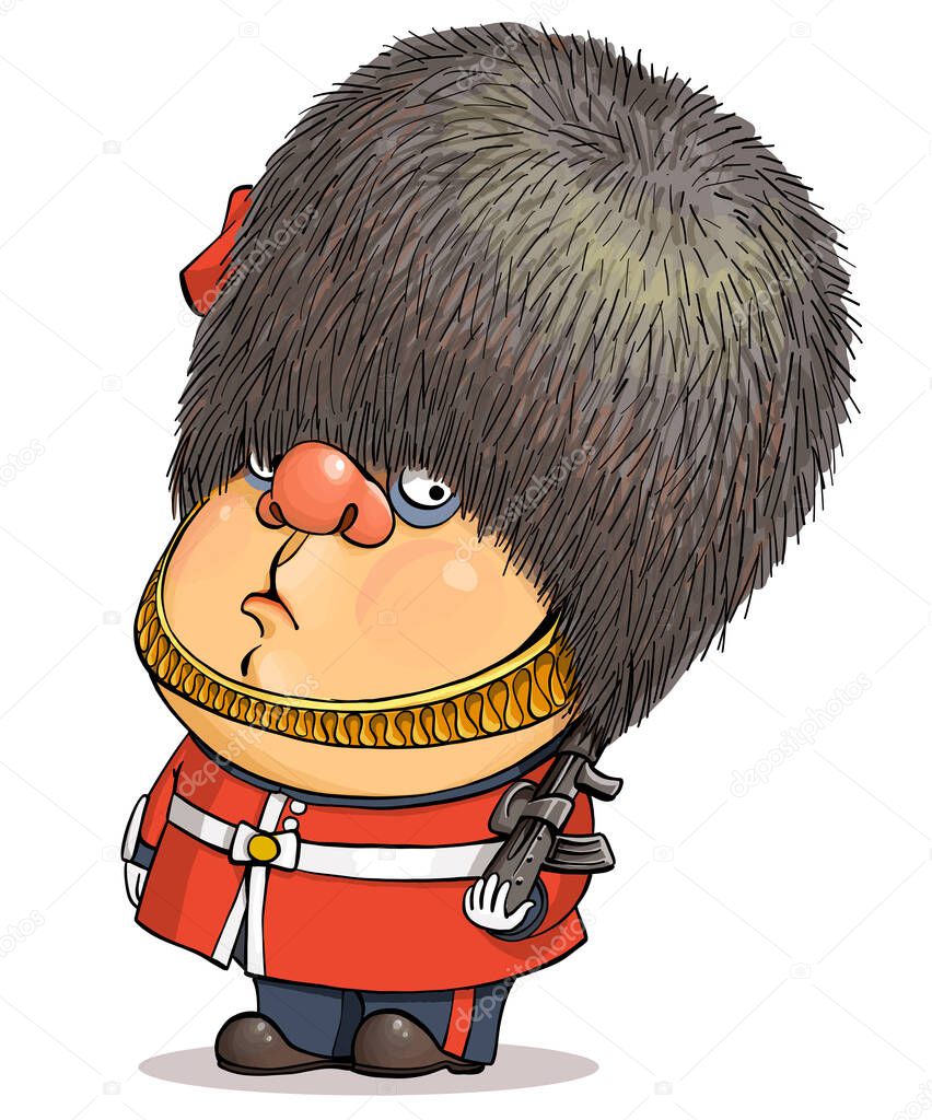 Funny cartoon vector. Illustration of a cute British guardsman wearing a Buckingham Palace bear hat.