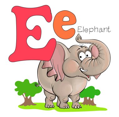 Vektör çizimi. Hayvanlı alfabe. Büyük büyük E harfi içinde parlak, şirin bir fil resmi var..