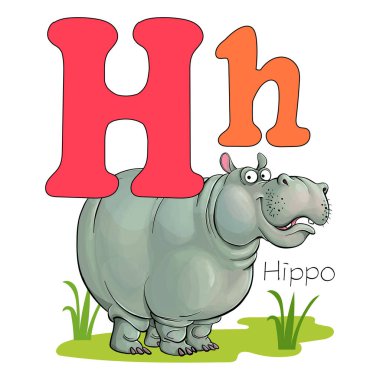 Vector illustration. Alphabet with animals. Large capital letter H with a picture of a bright, cute hippopotamus. clipart